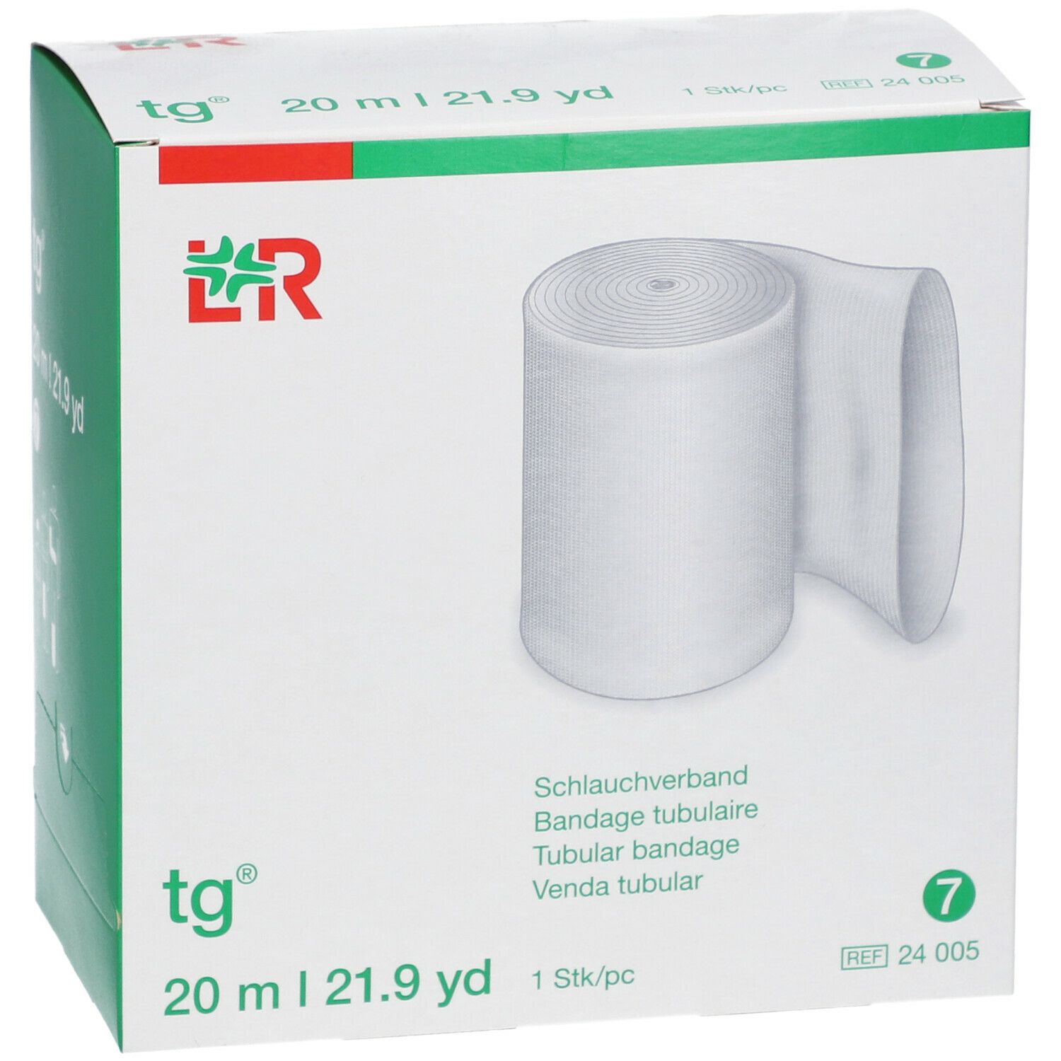 Bande tubulaire blanche en boîte. Inscriptions: tg®, 20 m | 21.9 yd, 7, 1 pc. Logo.