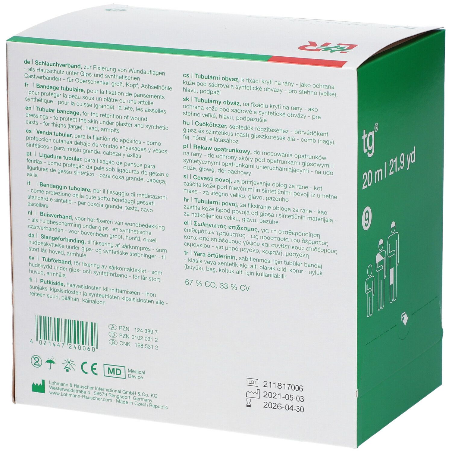 Dos d'un emballage carton vert avec texte. Inscriptions: tg, 20 m, 9, logo, certifications, texte multilingue.