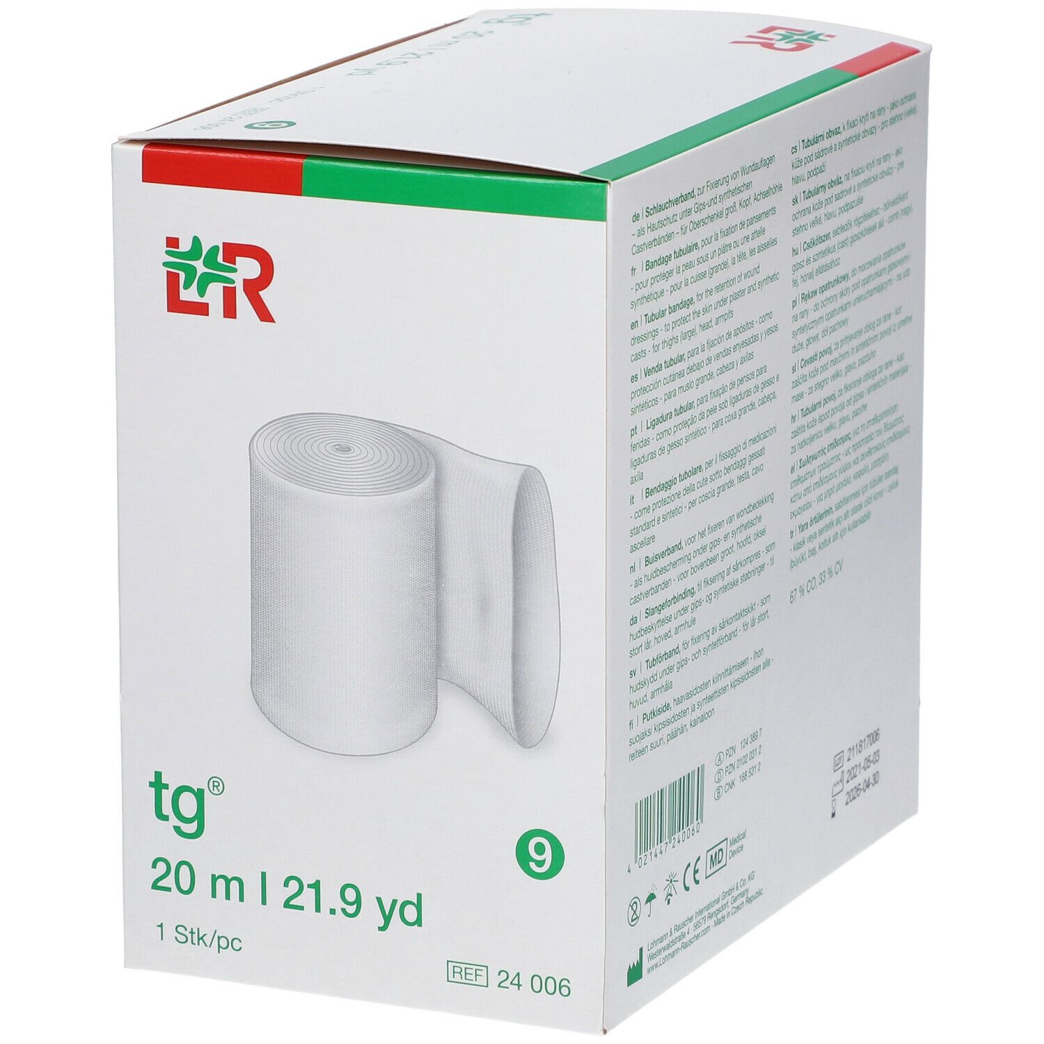 Emballage carton avec pansement tubulaire blanc. Inscriptions: tg, 20 m, 9, logo. 1 pièce.