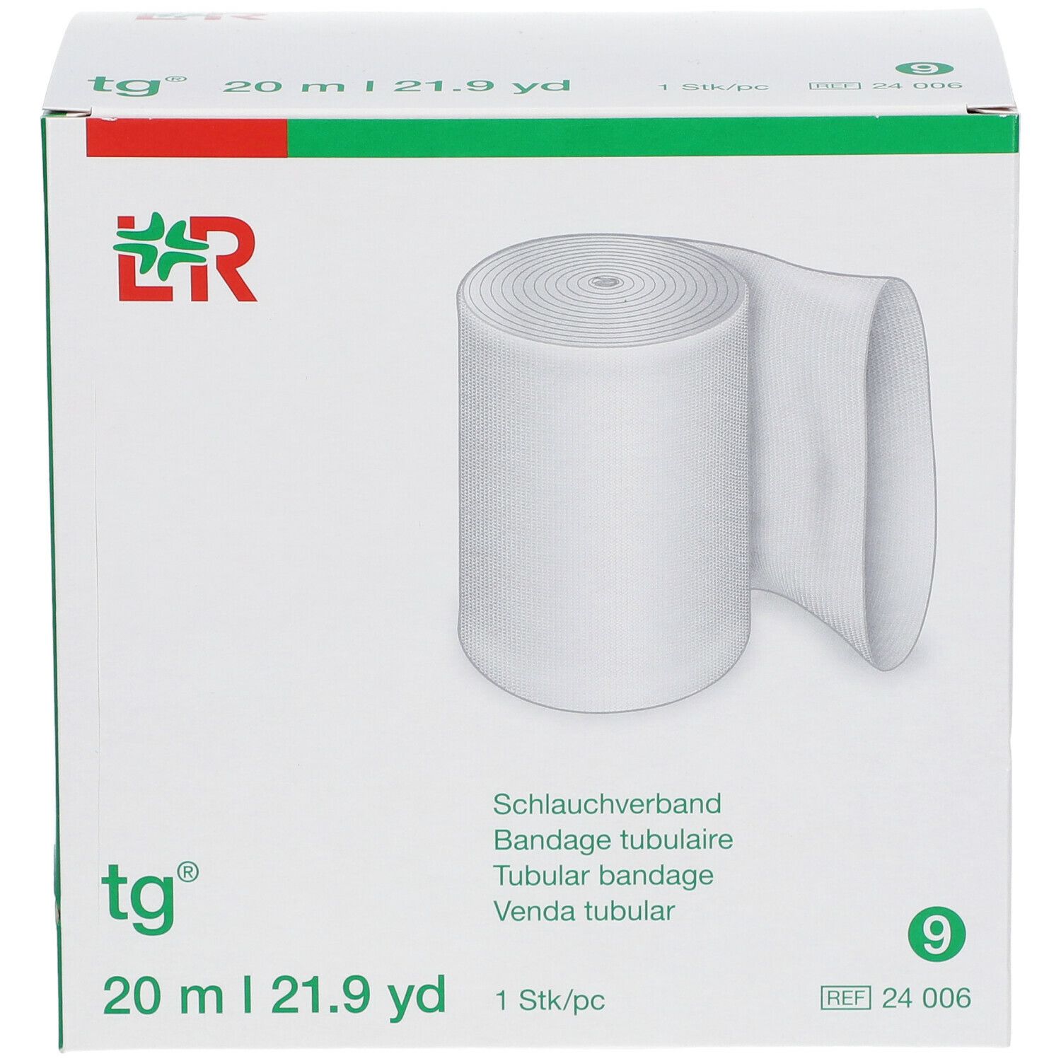 Emballage carton avec pansement tubulaire blanc en rouleau. Inscriptions: tg, 20 m, 9, logo. 1 pièce.