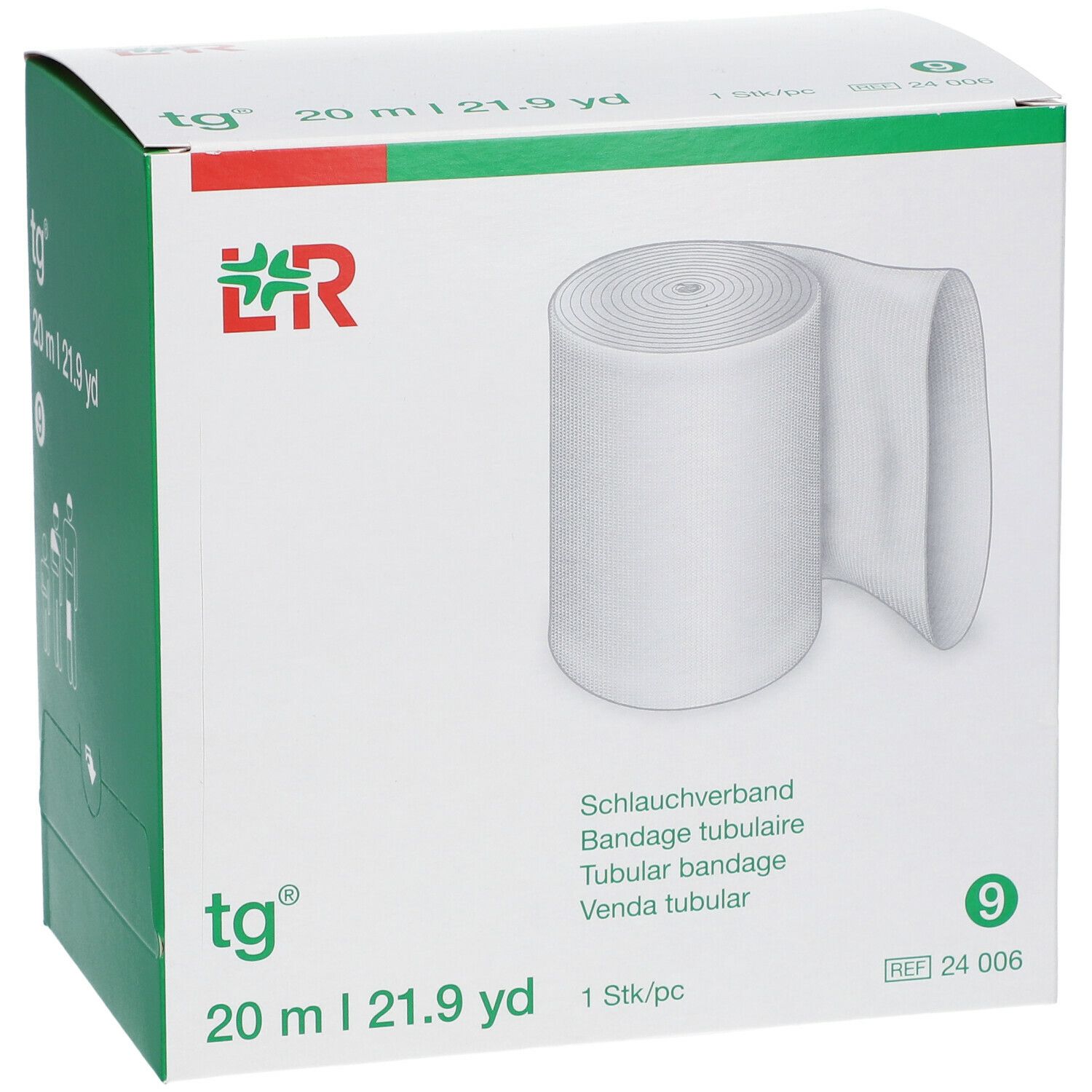 Emballage carton avec pansement tubulaire blanc en rouleau. Inscriptions: tg, 20 m, 9, logo. 1 pièce.