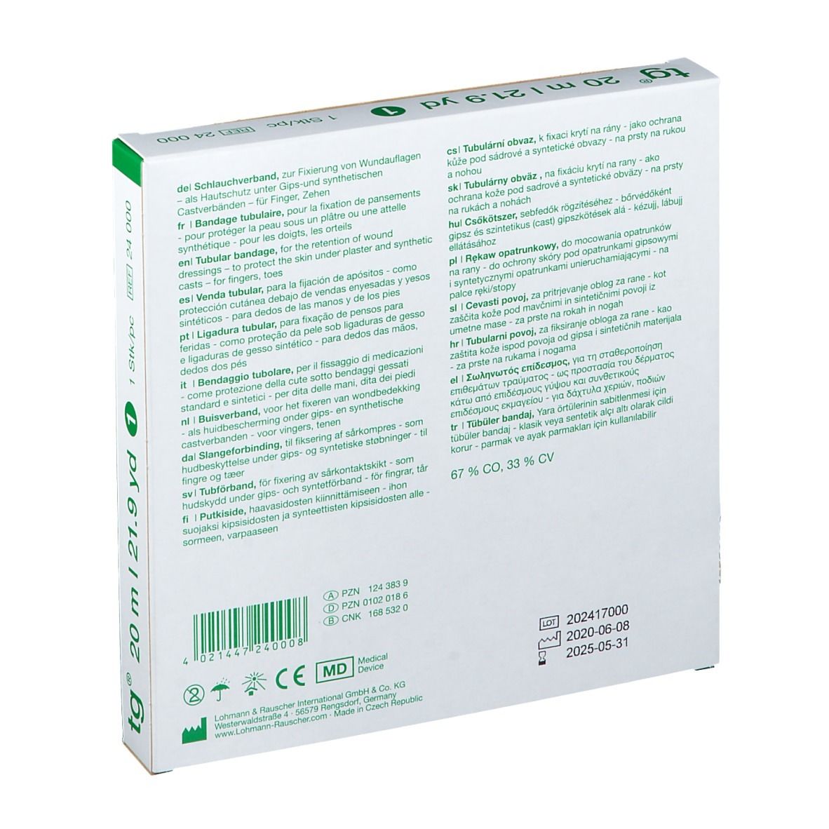 Dos de l'emballage avec texte multilingue. Informations sur les ingrédients et le fabricant. Marque MD.