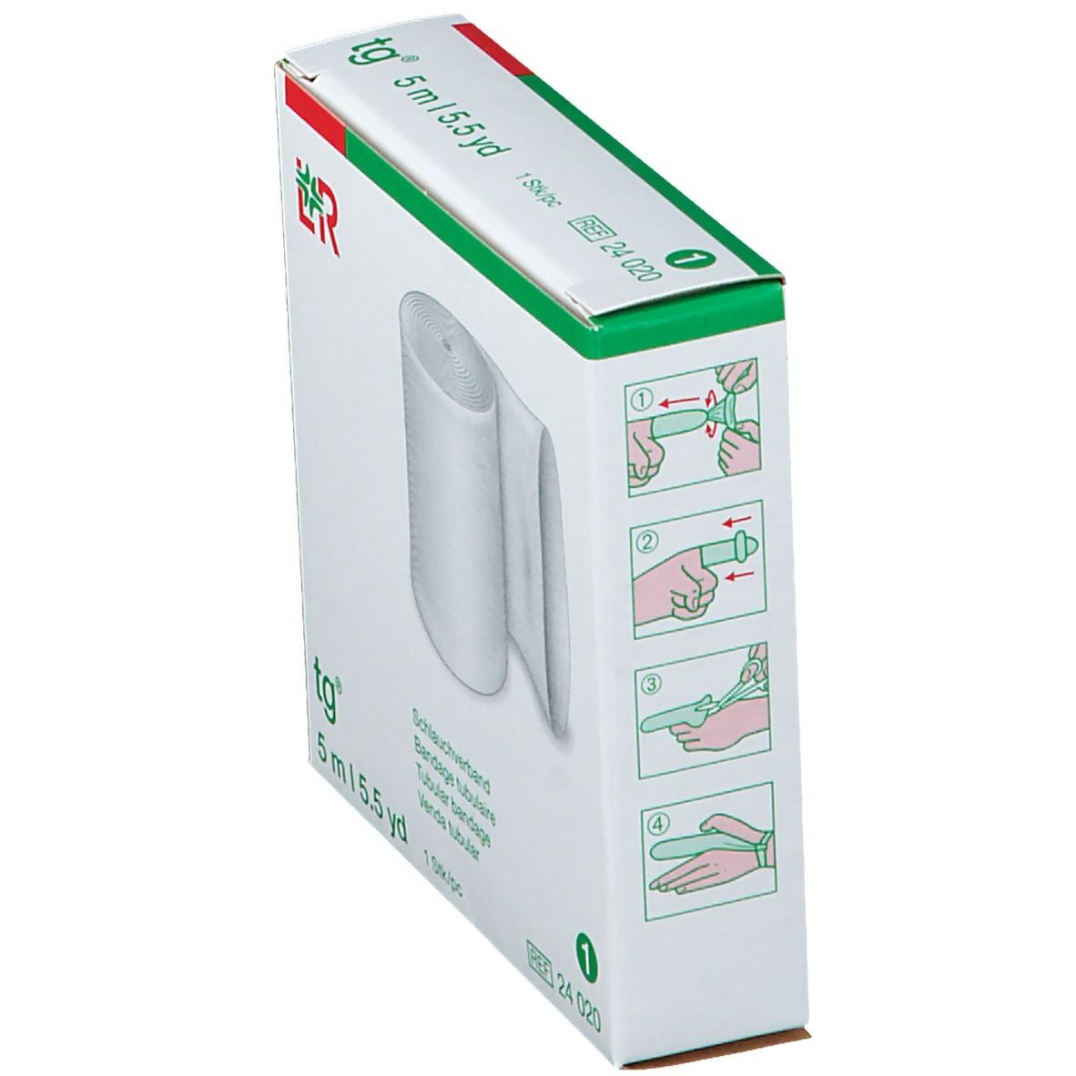 Boîte avec bandage tubulaire blanc. Sur le côté: tg, 5 m, 5.5 yd. Illustrations d'application. Emballage vert et blanc.