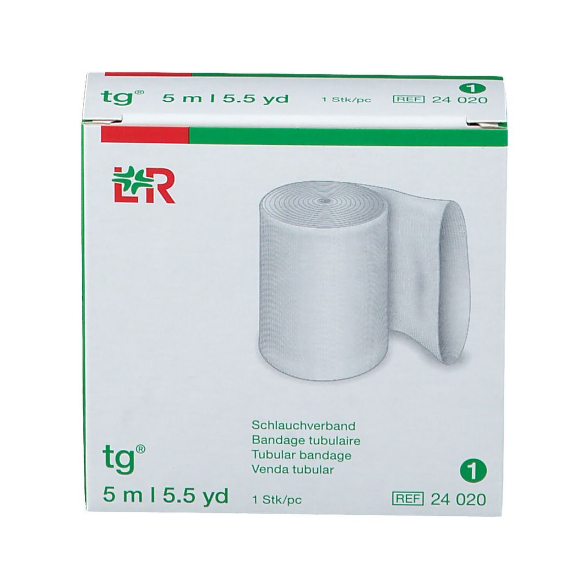 Boîte avec bandage tubulaire blanc. Inscription: tg, 5 m, 5.5 yd, 1 pc. Rouleau de bandage visible.