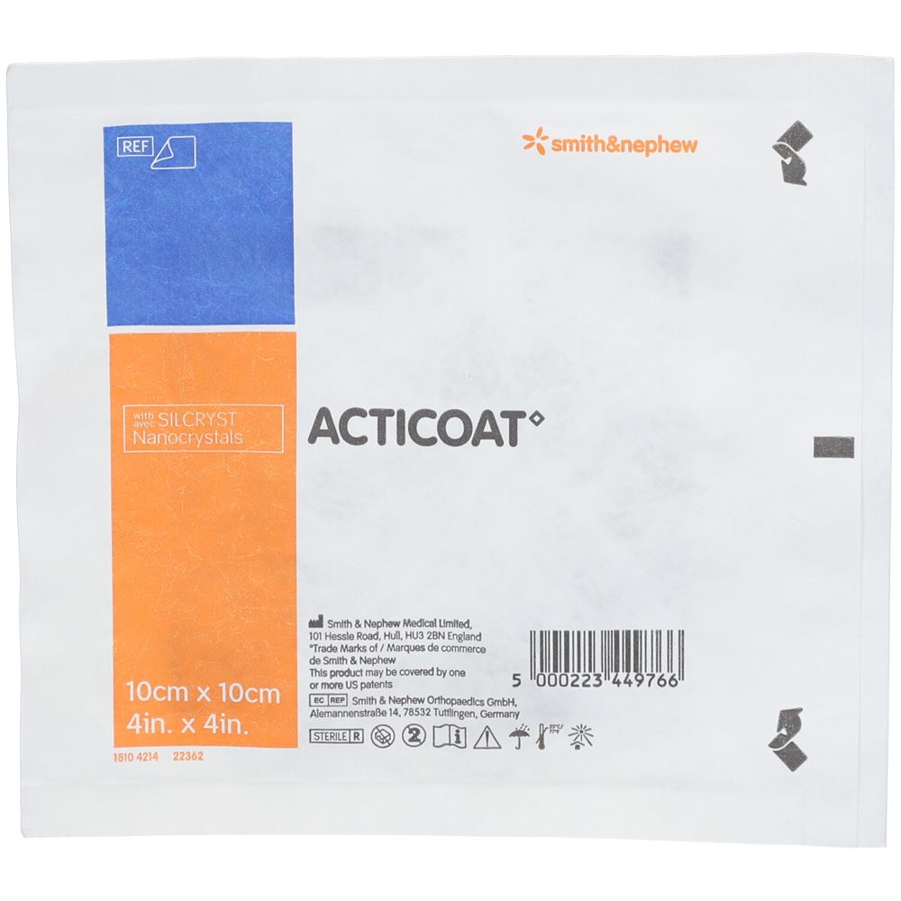 Verpackung ACTICOAT 10 x 10 cm. Quadratische weiße Verpackung mit blauen und orangefarbenen Abschnitten. Produktname und Logo.