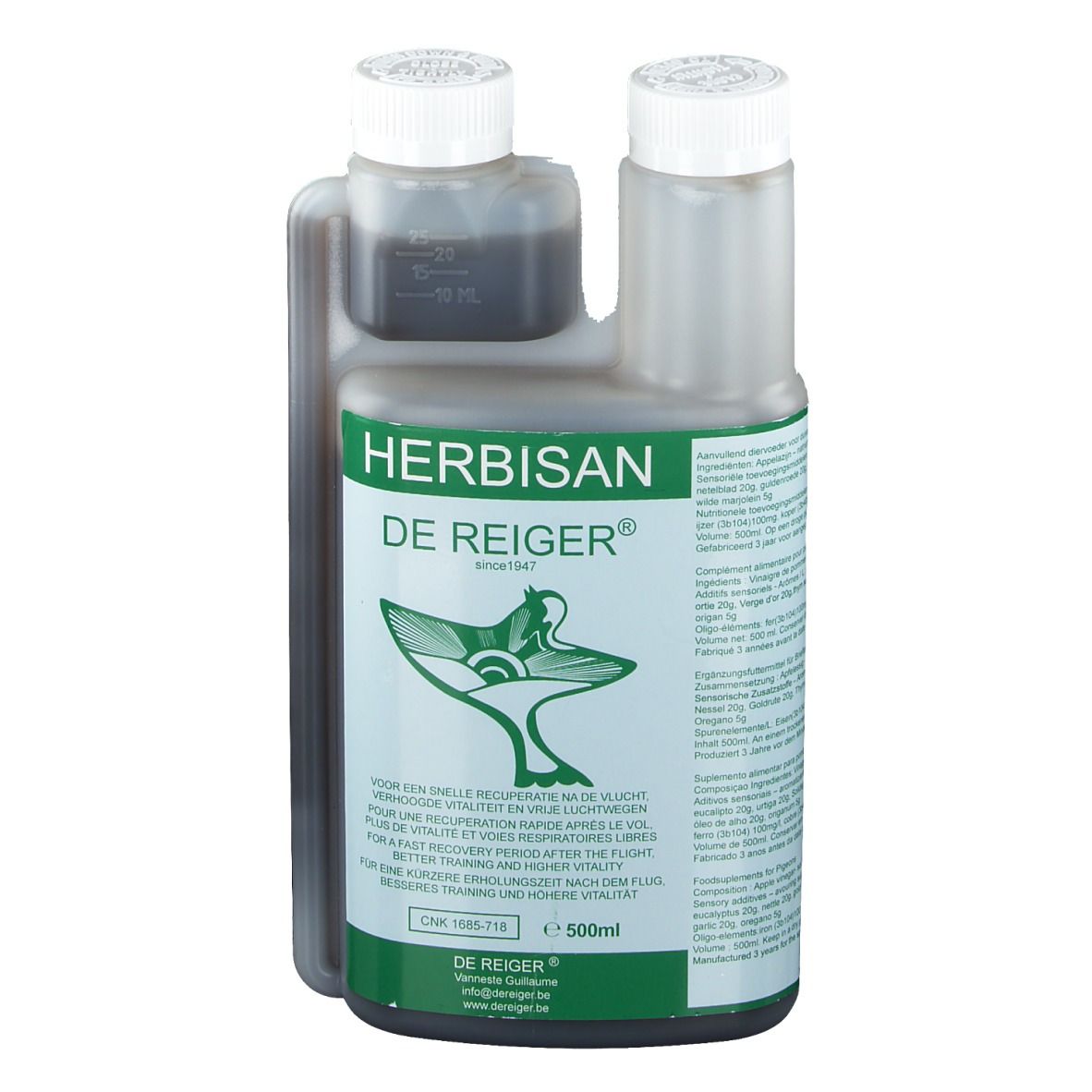 Fles met Herbisan-etiket. Bevat een donkere vloeistof. Met twee schroefdoppen en een maatbeker.