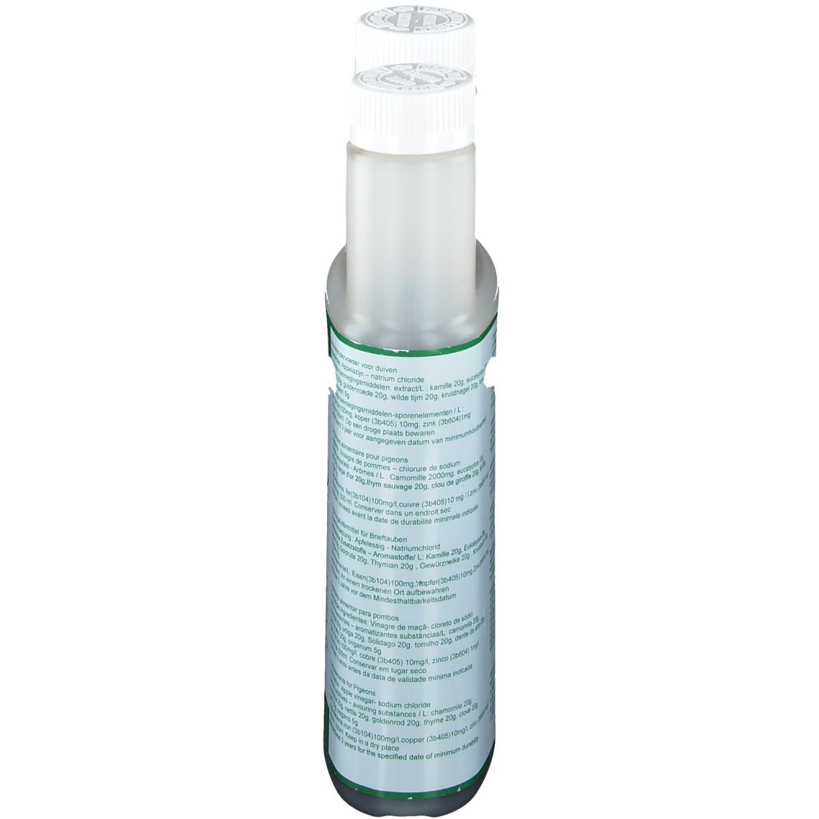 Fles met etiket. Tekst in meerdere talen. Twee witte schroefdoppen. Groene en witte details.