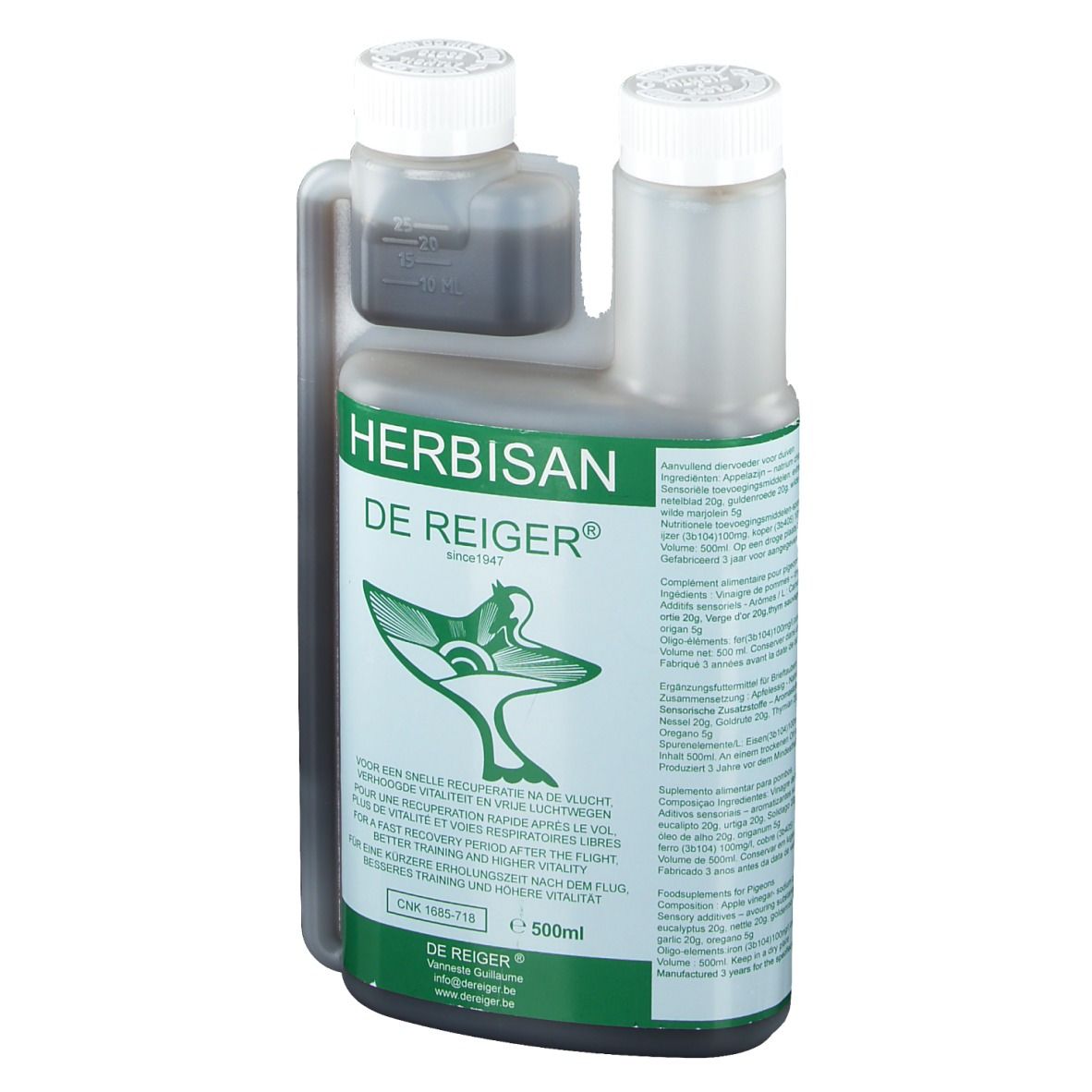 Fles met Herbisan-etiket. Bevat een donkere vloeistof. Met twee schroefdoppen en een maatbeker.