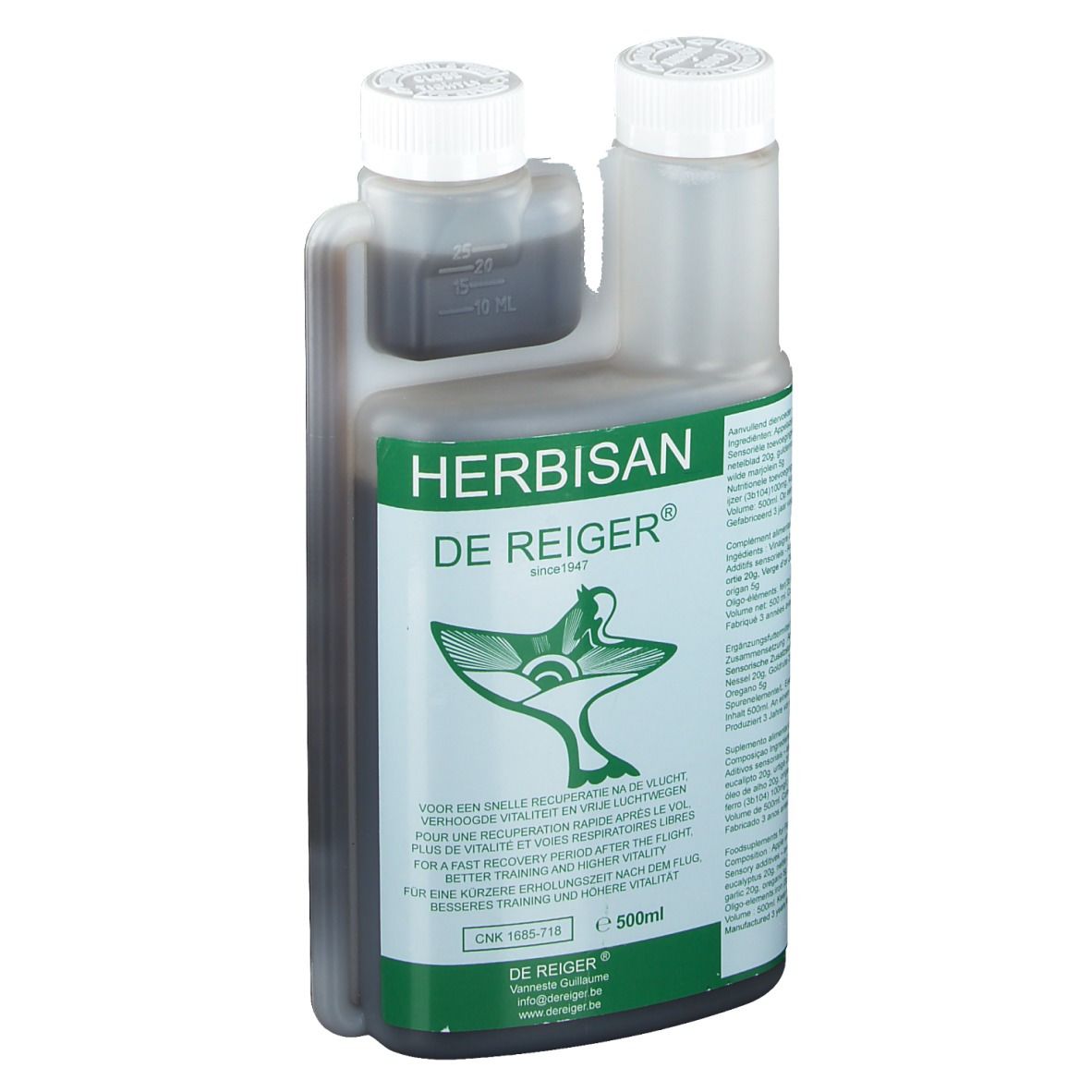 Fles met Herbisan-etiket. Bevat een donkere vloeistof. Met twee schroefdoppen en een maatbeker.