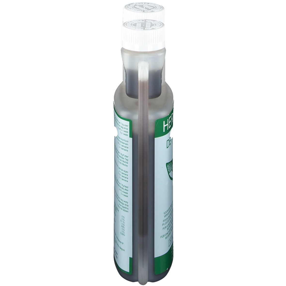 Zijaanzicht van een fles met etiket. Tekst in meerdere talen. Twee witte schroefdoppen. Groene en witte details.