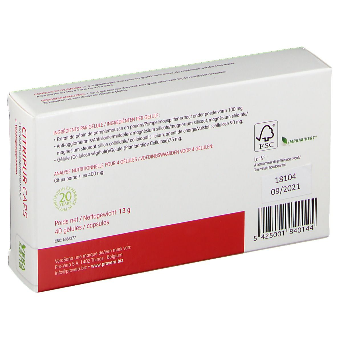 Dos de la boîte CITRIPUR CAPS. Inscriptions : ingrédients, analyse nutritionnelle, logo FSC, date de péremption, code-barres.