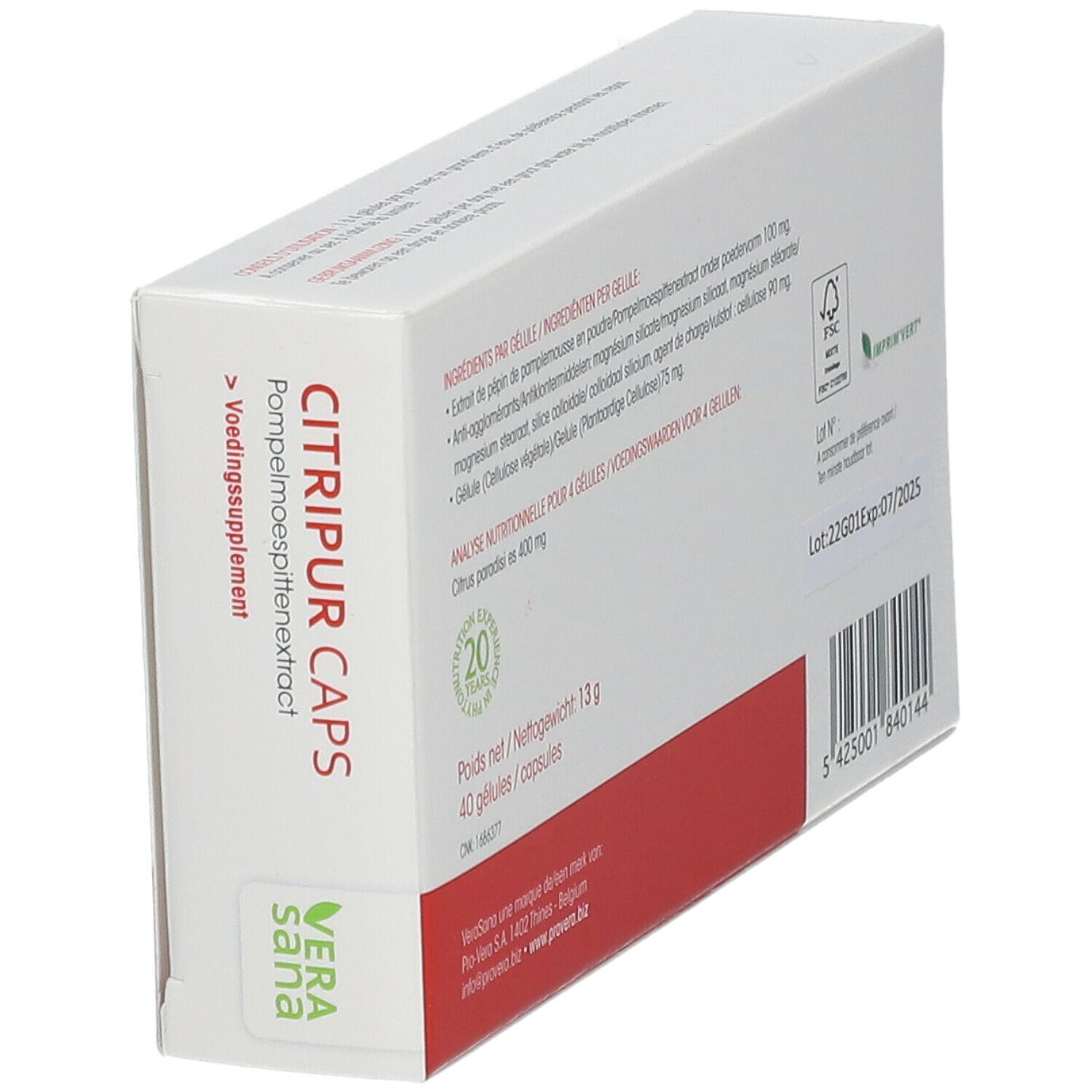 Dos en biais de la boîte CITRIPUR CAPS. Inscriptions : ingrédients, analyse nutritionnelle, date de péremption, code-barres.