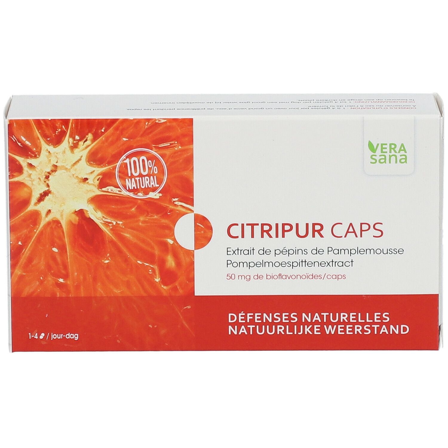 Boîte de CITRIPUR CAPS. Inscription : 100% naturel, logo Vera Sana, extrait de pépins de pamplemousse, 40 gélules.