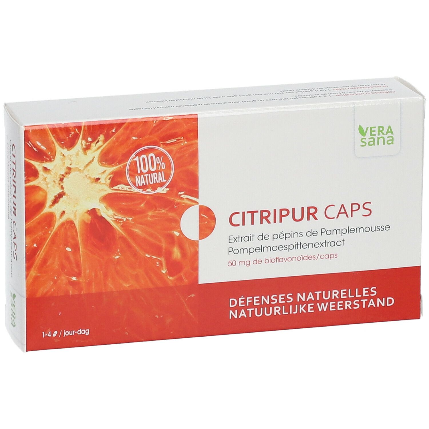 Boîte de CITRIPUR CAPS. Inscription : 100% naturel, logo Vera Sana, extrait de pépins de pamplemousse, 40 gélules.
