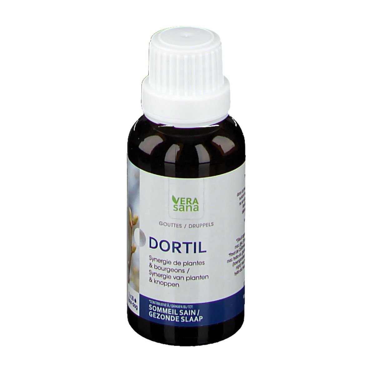 Bruine fles met witte dop. Opschrift: Dortil, Vera Sana. Blauwe en witte etiketten. Druppels.