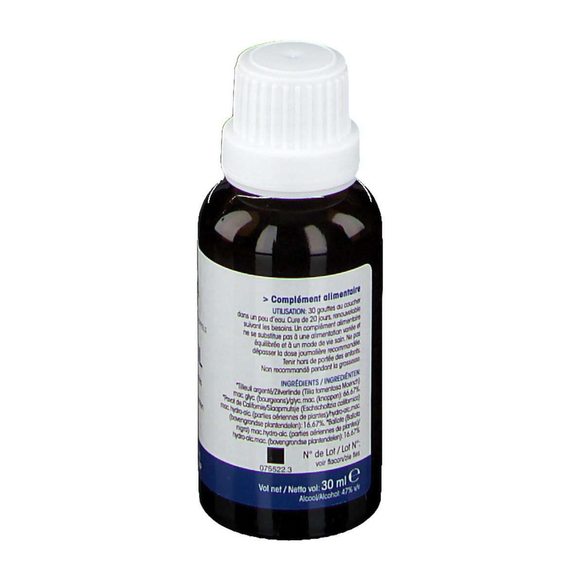 Achterkant van de fles. Tekst op wit etiket. Ingrediënten en gebruiksaanwijzing. 30 ml.