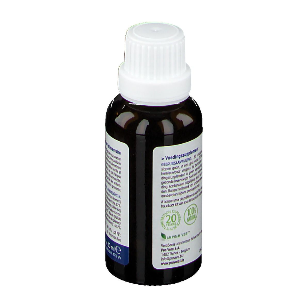 Achterkant van de fles. Tekst op wit etiket. Ingrediënten en gebruiksaanwijzing. 30 ml.