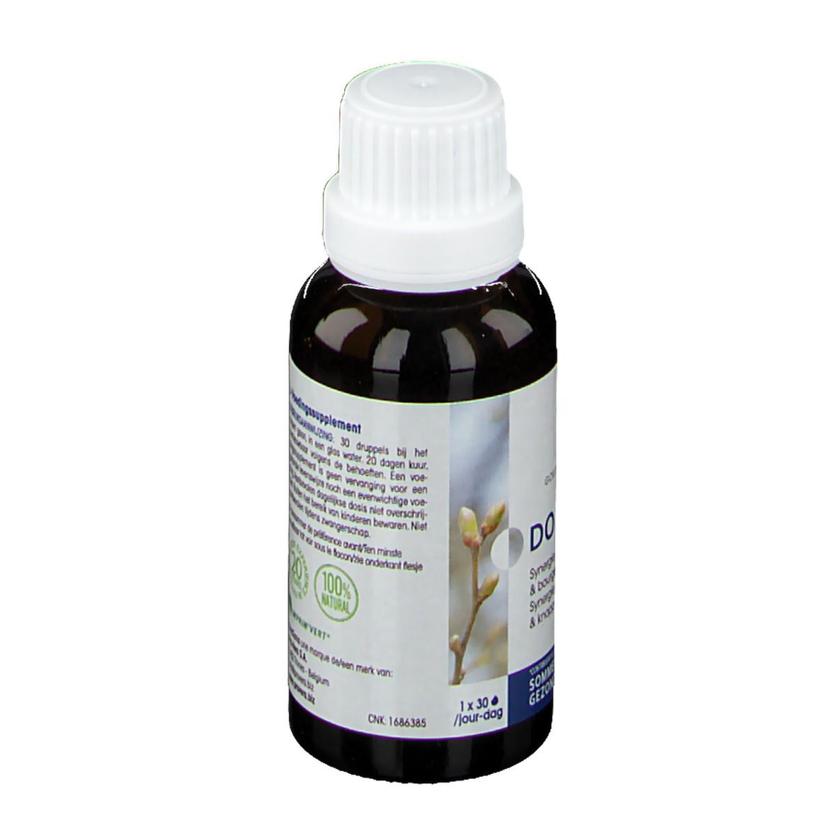 Bruine fles met witte dop. Opschrift: Dortil, Vera Sana. Blauwe en witte etiketten. Druppels.