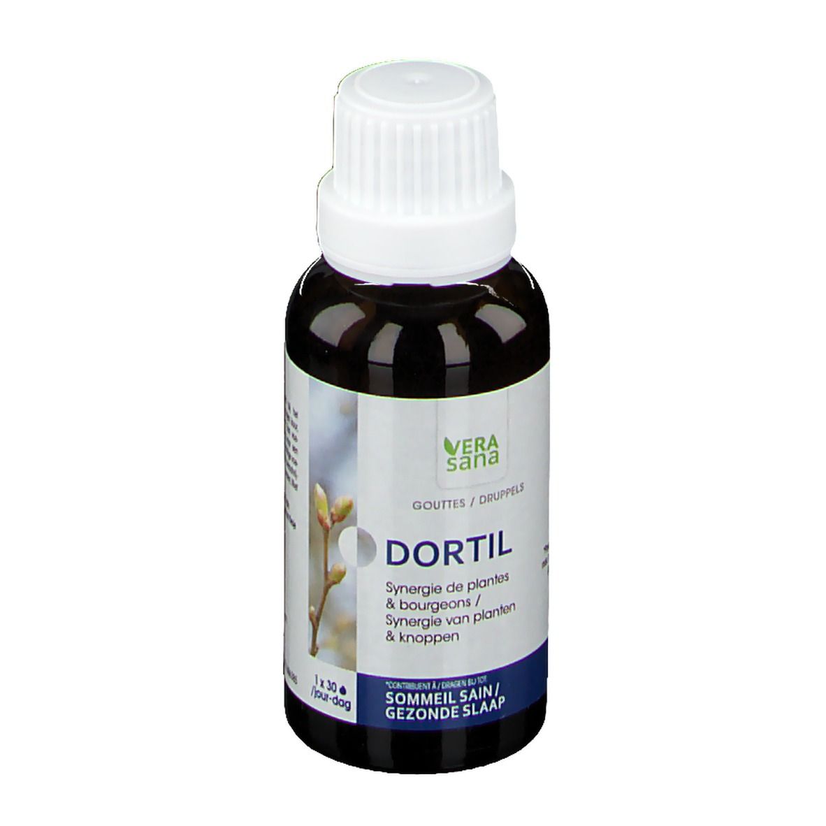 Bruine fles met witte dop. Opschrift: Dortil, Vera Sana. Blauwe en witte etiketten. Druppels.