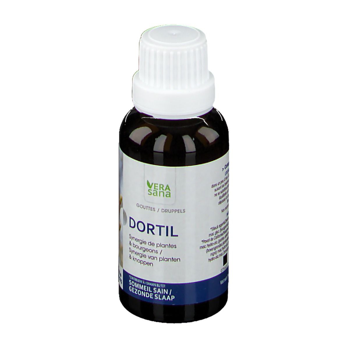 Bruine fles met witte dop. Opschrift: Dortil, Vera Sana. Blauwe en witte etiketten. Druppels.