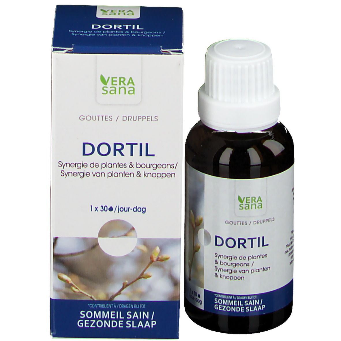 Bruine fles en doos. Opschrift: Dortil, Vera Sana. Blauwe en witte etiketten. Druppels.