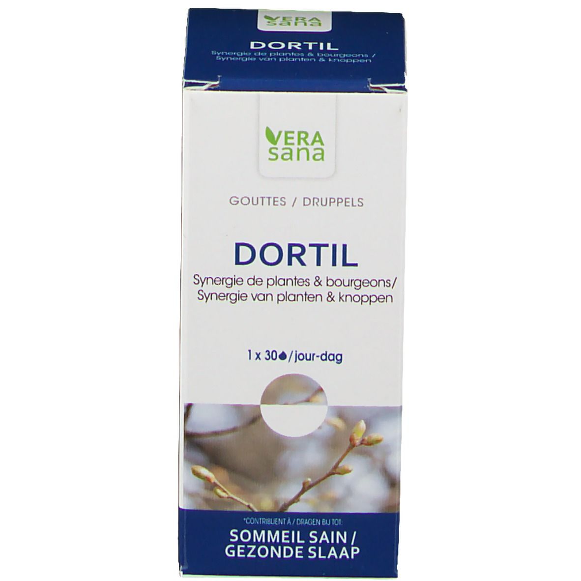 Witte doos met blauwe en witte etiketten. Opschrift: Dortil, Vera Sana. Druppels.