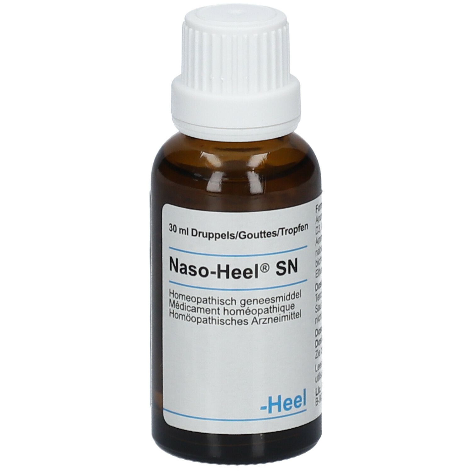 Flacon en verre brun avec bouchon blanc. Étiquette avec nom du produit Naso-Heel SN et marque Heel. 30 ml.