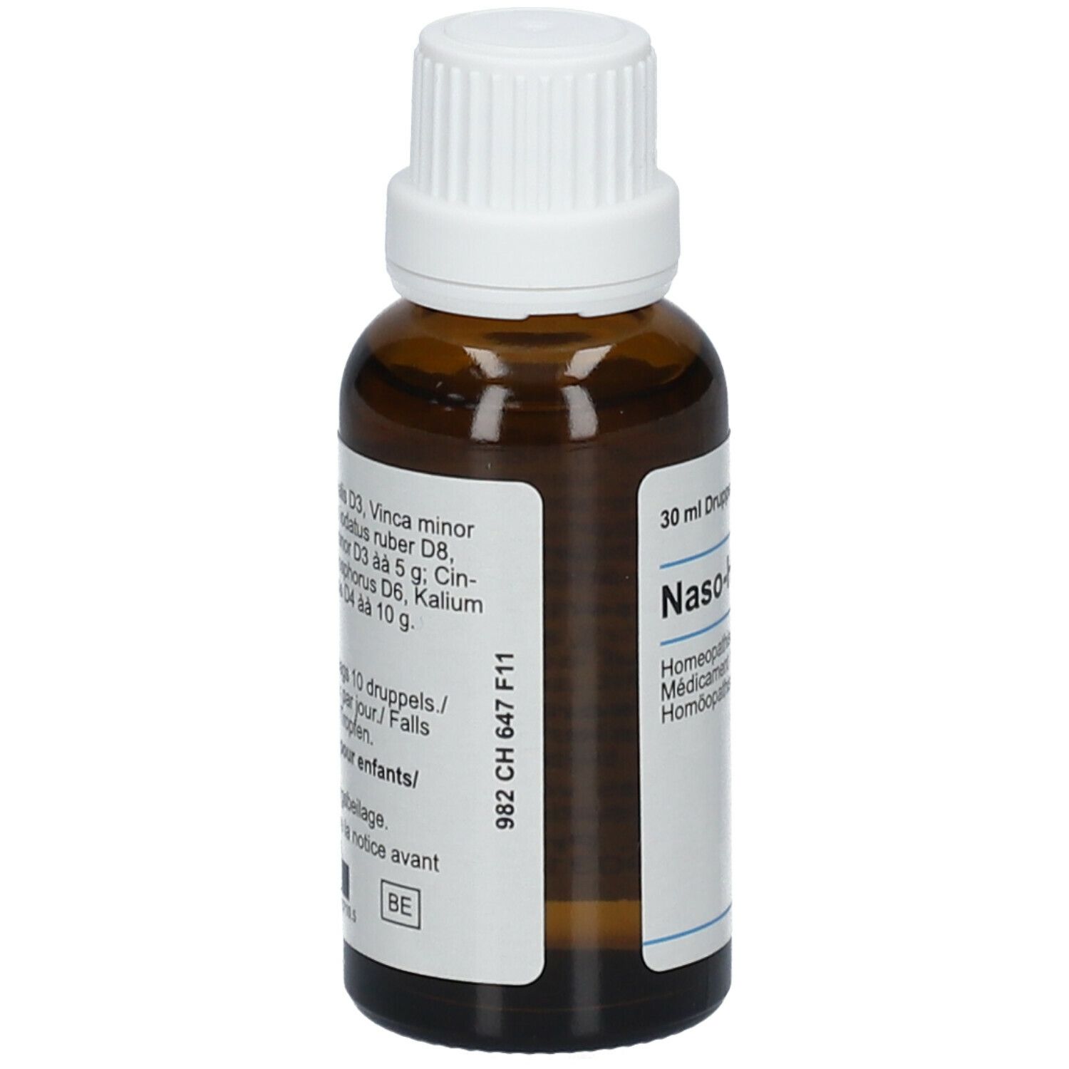 Flacon en verre brun avec bouchon blanc. Étiquette avec ingrédients et posologie. Marque Heel. 30 ml.