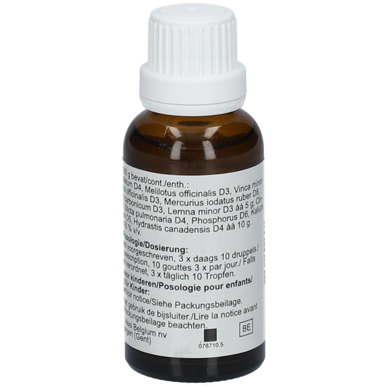 Flacon en verre brun avec bouchon blanc. Étiquette avec ingrédients et posologie. Marque Heel. 30 ml.