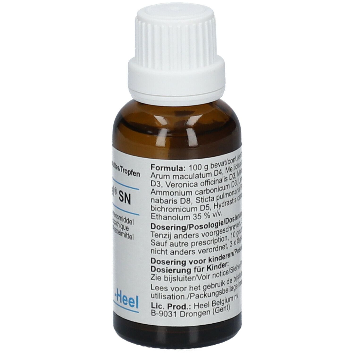 Flacon en verre brun avec bouchon blanc. Étiquette avec ingrédients et posologie. Marque Heel. 30 ml.