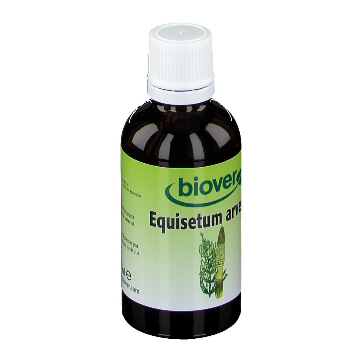 Flacon brun avec bouchon blanc. Étiquette verte et blanche avec informations produit et logo.