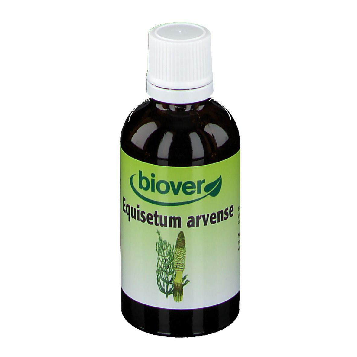 Flacon brun avec bouchon blanc. Étiquette verte et blanche avec informations produit et logo.