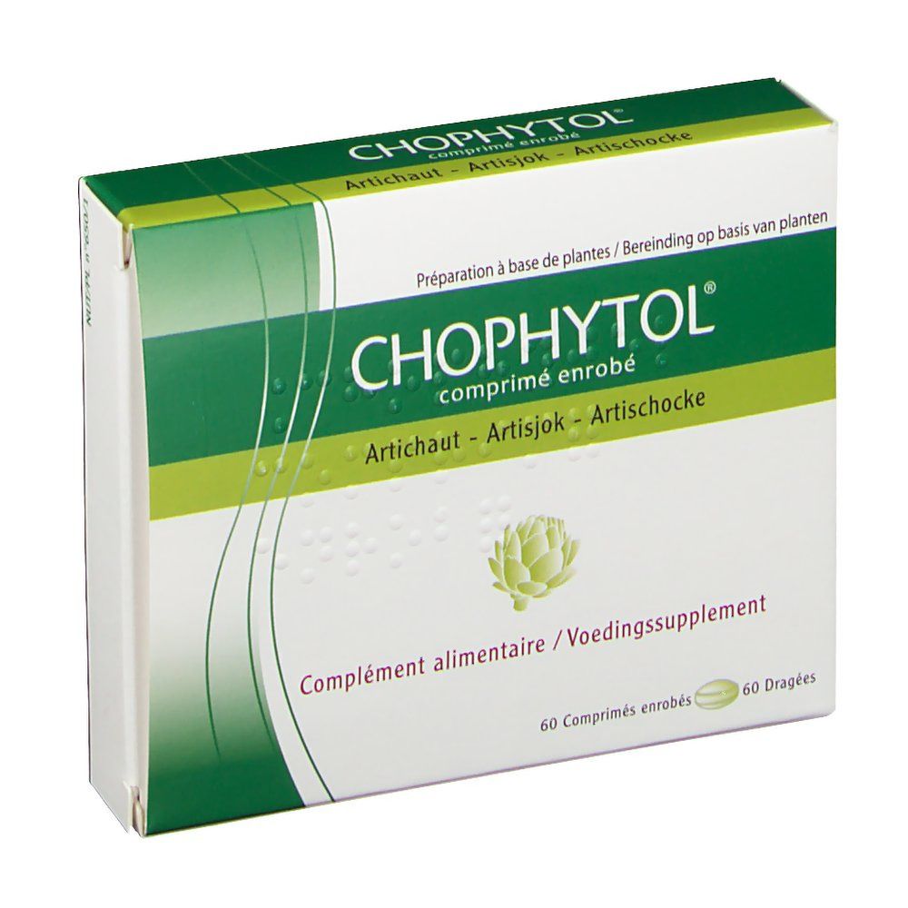 Boîte 'Chophytol'. Design vert et blanc. Texte 'Artichaut' et 'Artisjok'. 60 comprimés. Complément alimentaire.