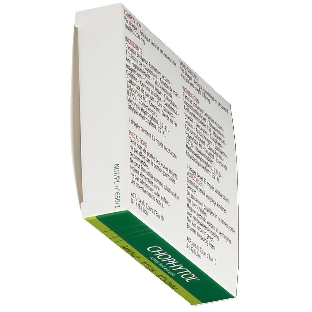 Dos de la boîte 'Chophytol'. Texte avec ingrédients et avertissements. Design vert et blanc. 'Artichaut' et 'Artisjok'.