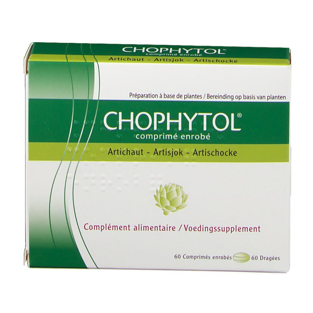 Boîte 'Chophytol'. Design vert et blanc. Texte 'Artichaut' et 'Artisjok'. 60 comprimés. Complément alimentaire.