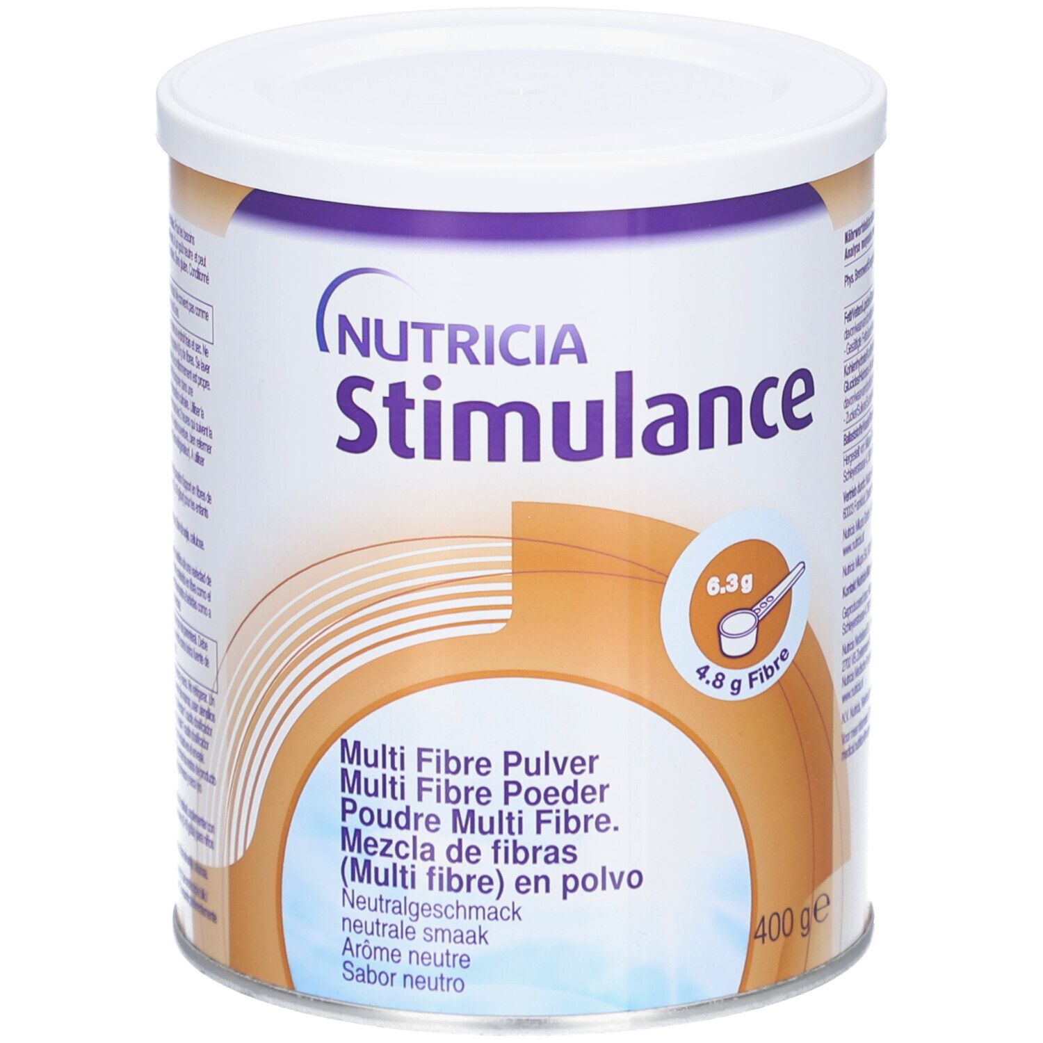 Boîte de Stimulance Multi Fibre Mix de Nutricia. Contient 400g. Avec 6,3g et 4,8g de fibres. Goût neutre.