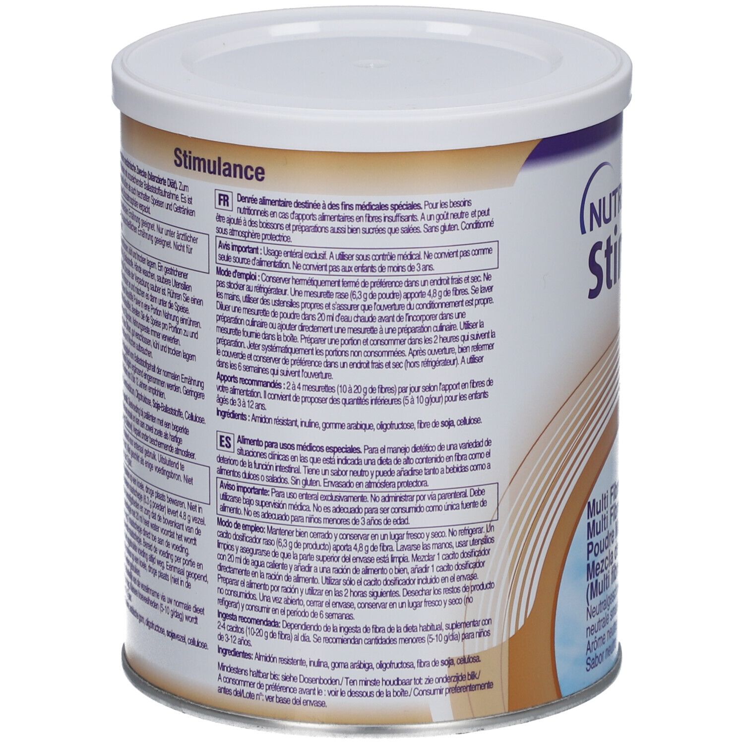 Dos de la boîte Stimulance. Contient des informations d'utilisation et nutritionnelles. Texte en plusieurs langues.
