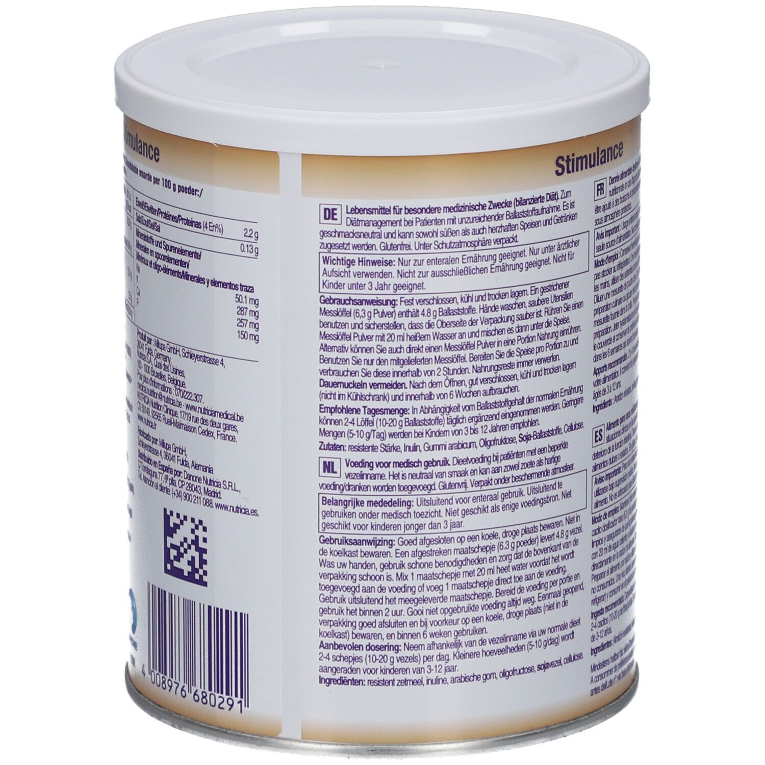 Dos de la boîte Stimulance. Contient des informations d'utilisation et nutritionnelles. Texte en plusieurs langues.