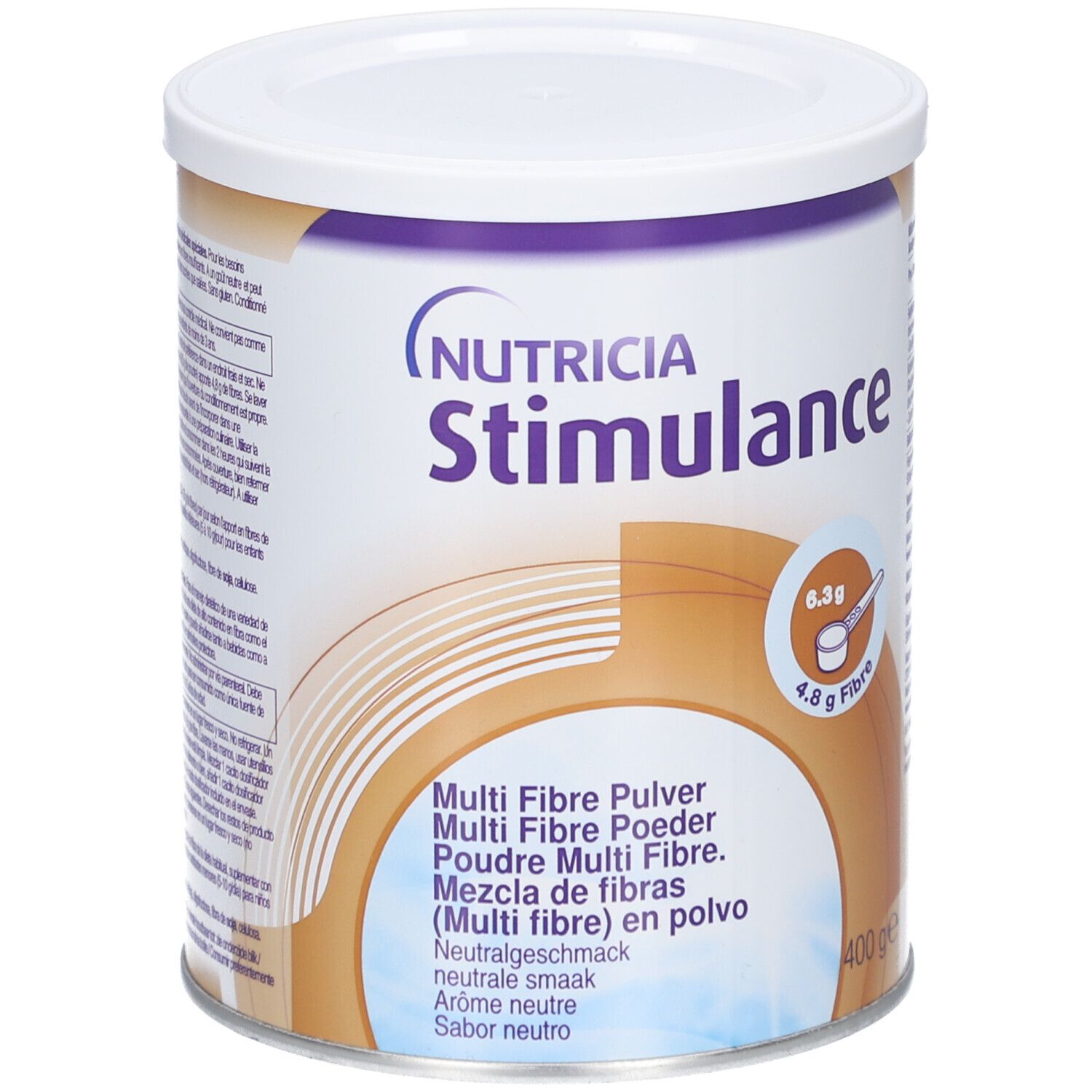 Boîte de Stimulance Multi Fibre Mix de Nutricia. Contient 400g. Avec 6,3g et 4,8g de fibres. Goût neutre.