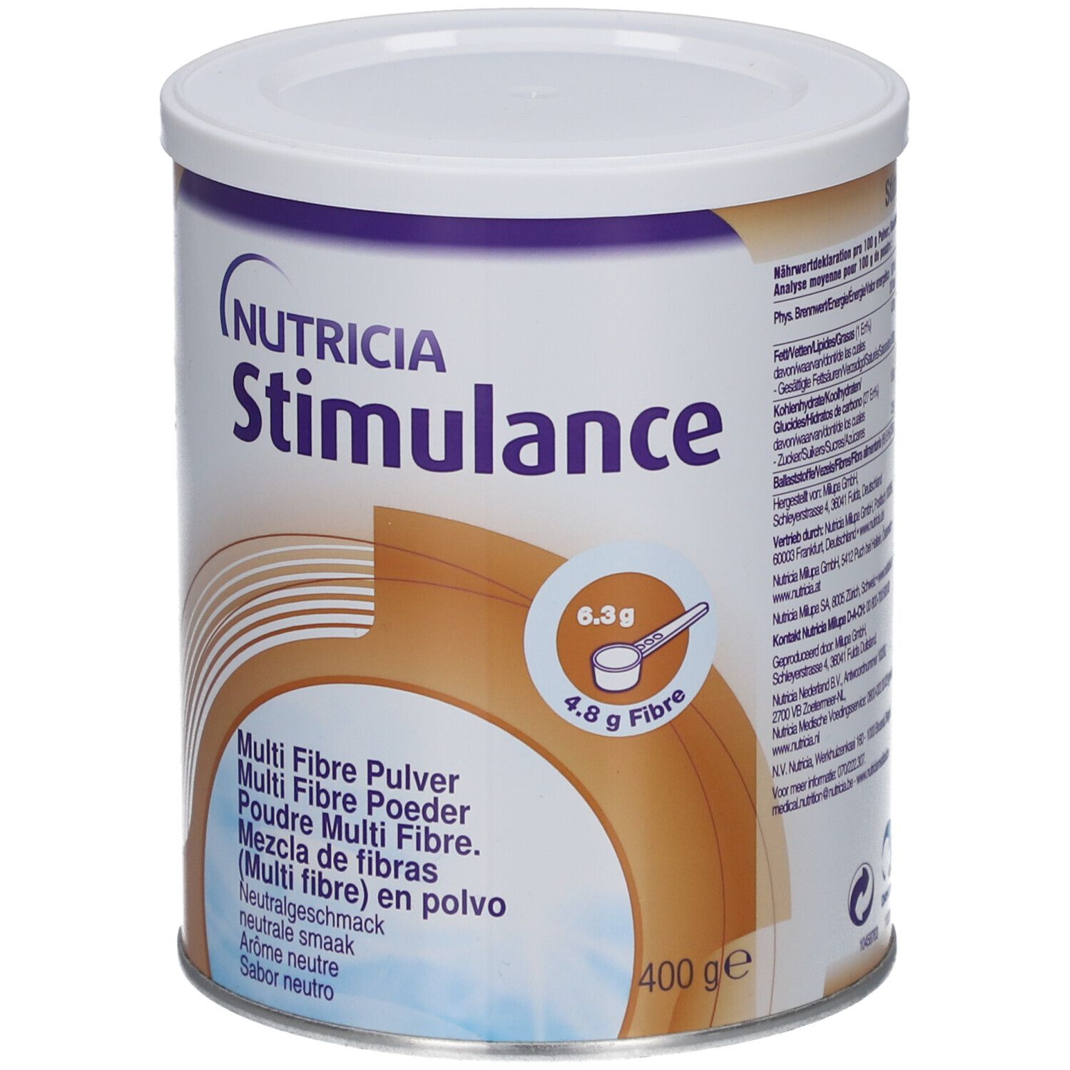 Boîte de Stimulance Multi Fibre Mix de Nutricia. Contient 400g. Avec 6,3g et 4,8g de fibres. Goût neutre.