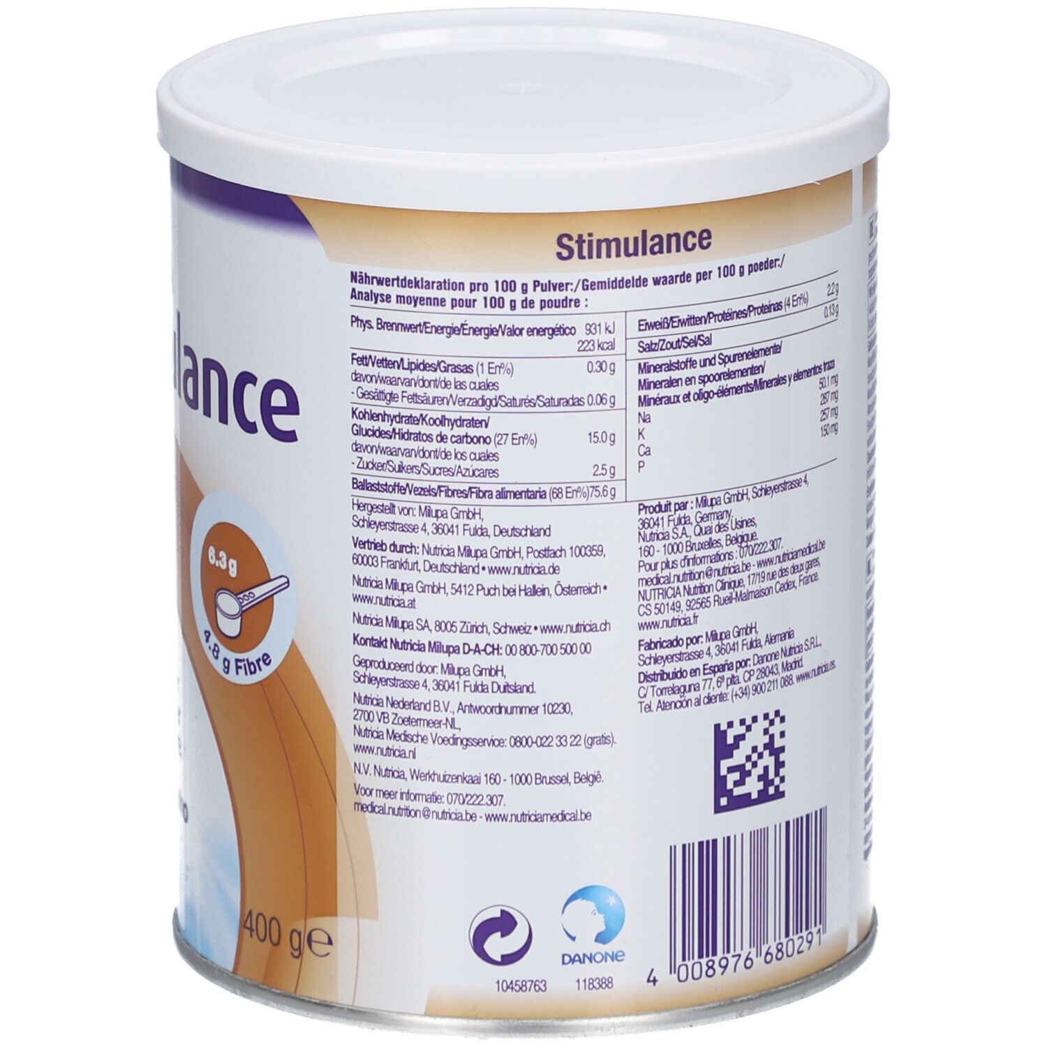 Dos de la boîte Stimulance. Contient des informations nutritionnelles et de contact. Avec code QR et logos.