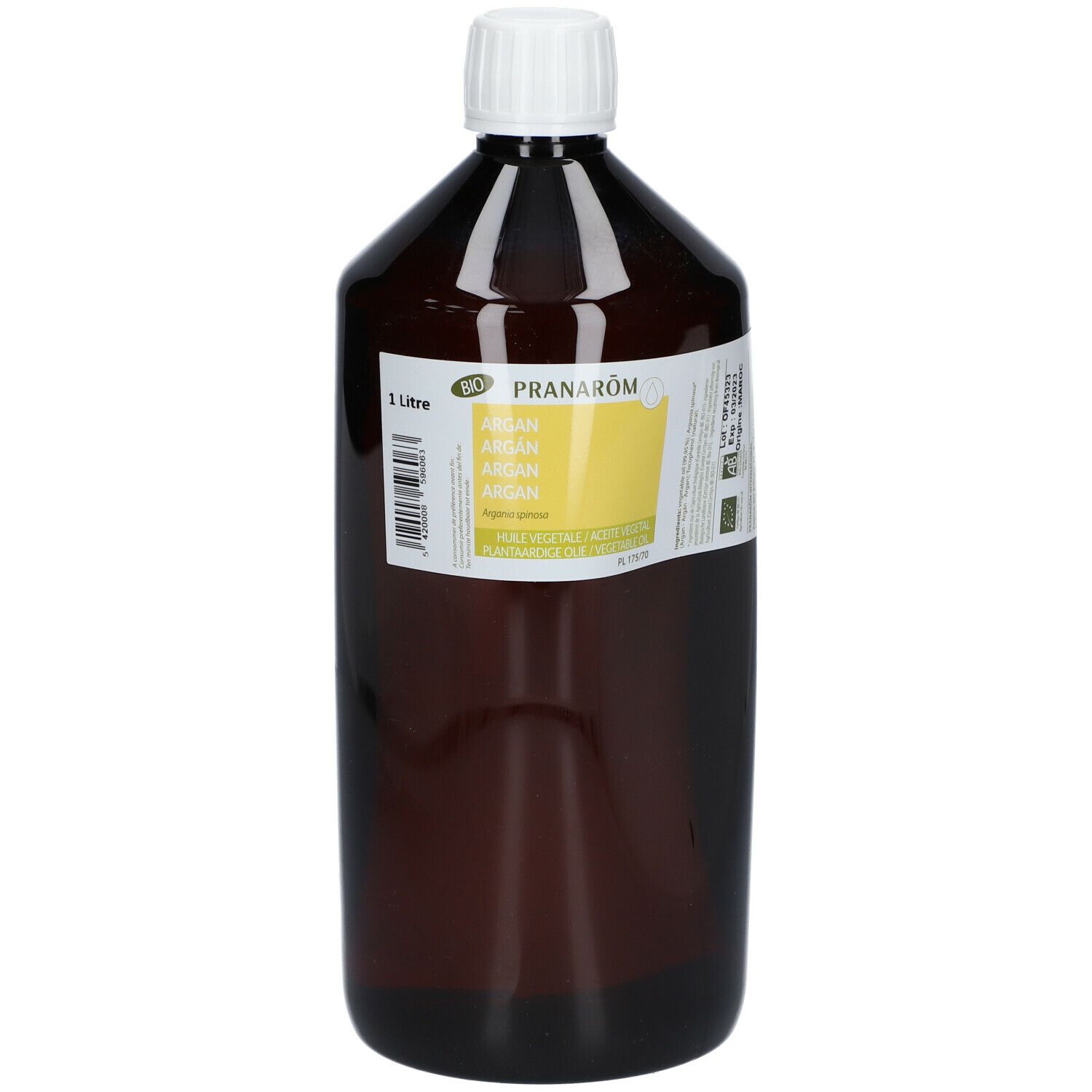 Flacon brun avec bouchon blanc. Étiquette avec nom du produit et label bio. 1 litre.