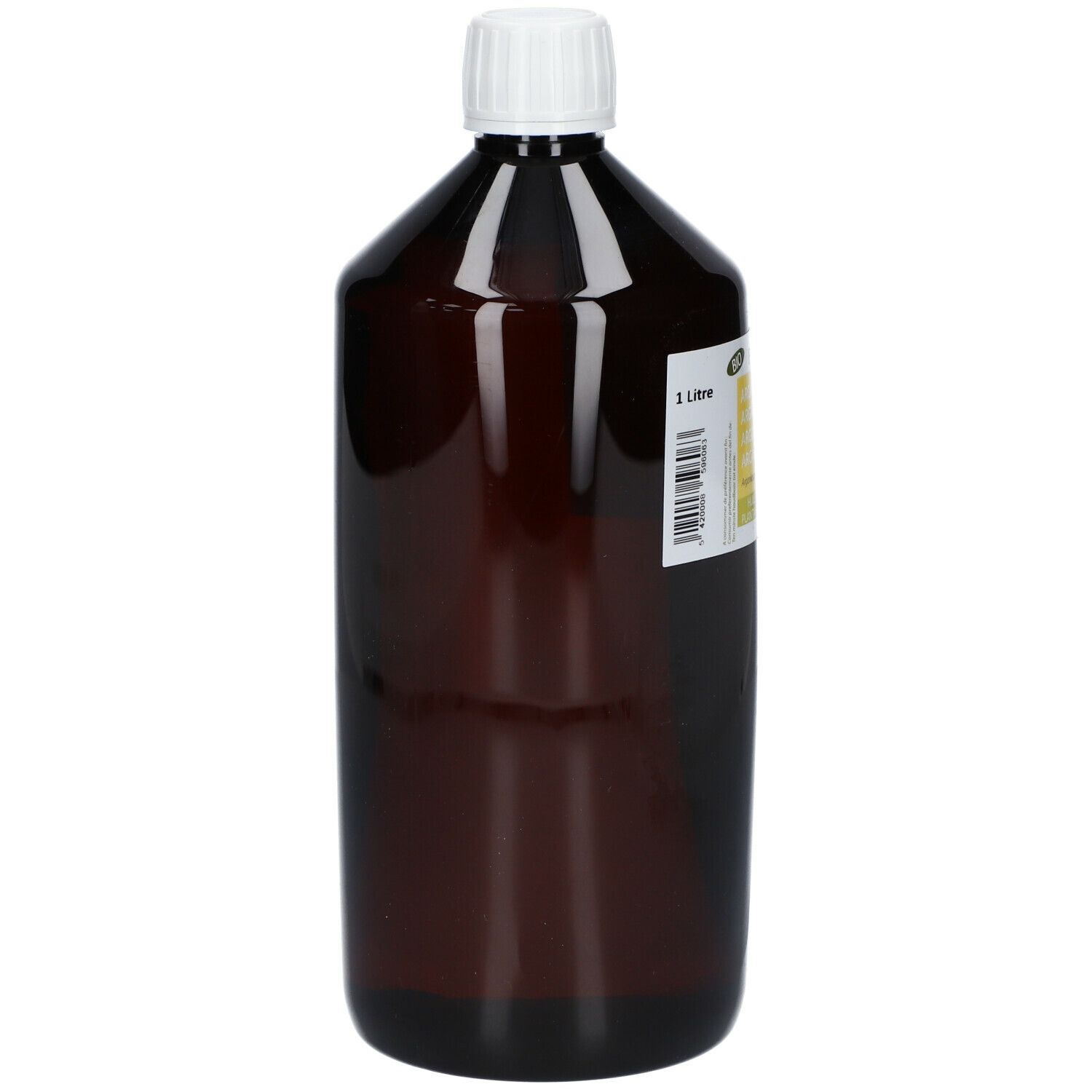Flacon brun avec bouchon blanc. Étiquette avec nom du produit et label bio. 1 litre.