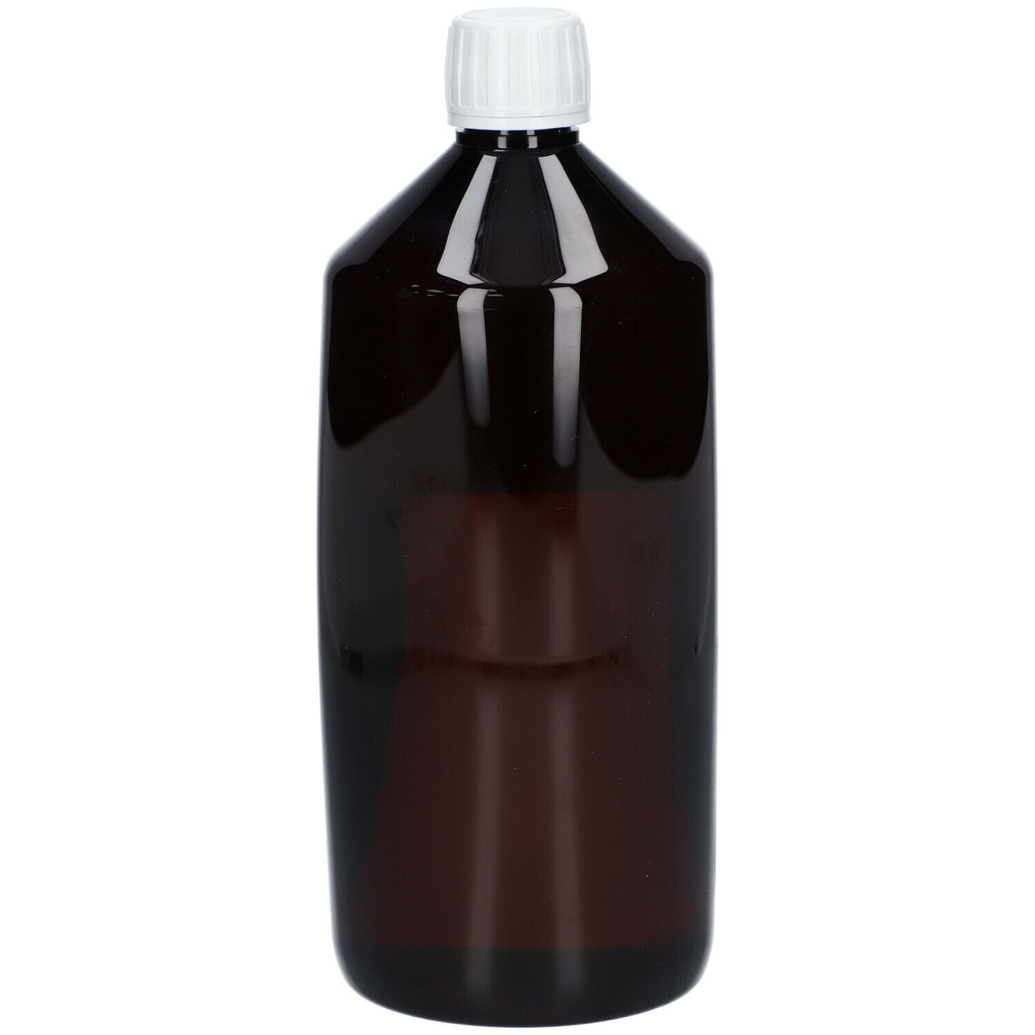 Flacon brun avec bouchon blanc. Étiquette avec nom du produit et label bio. 1 litre.