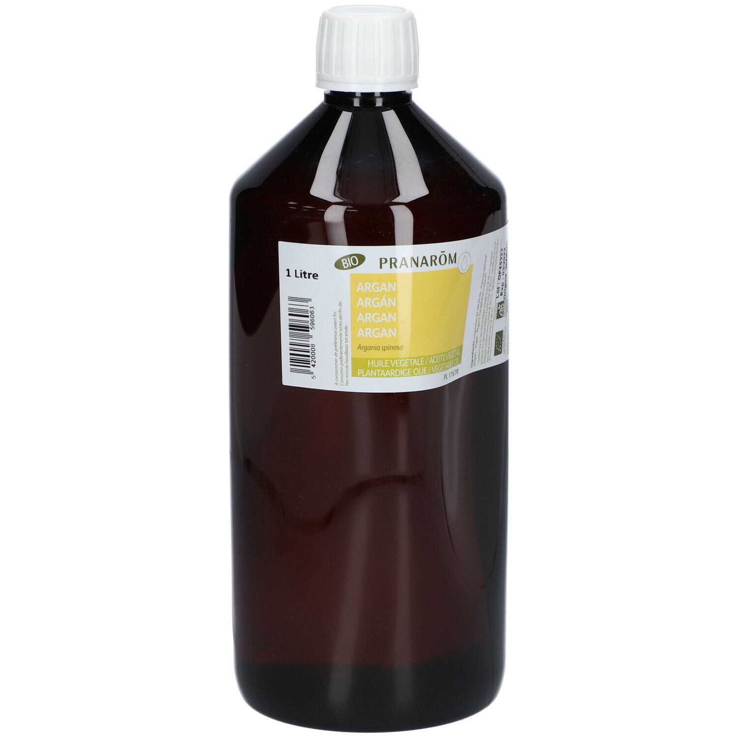 Flacon brun avec bouchon blanc. Étiquette avec nom du produit et label bio. 1 litre.