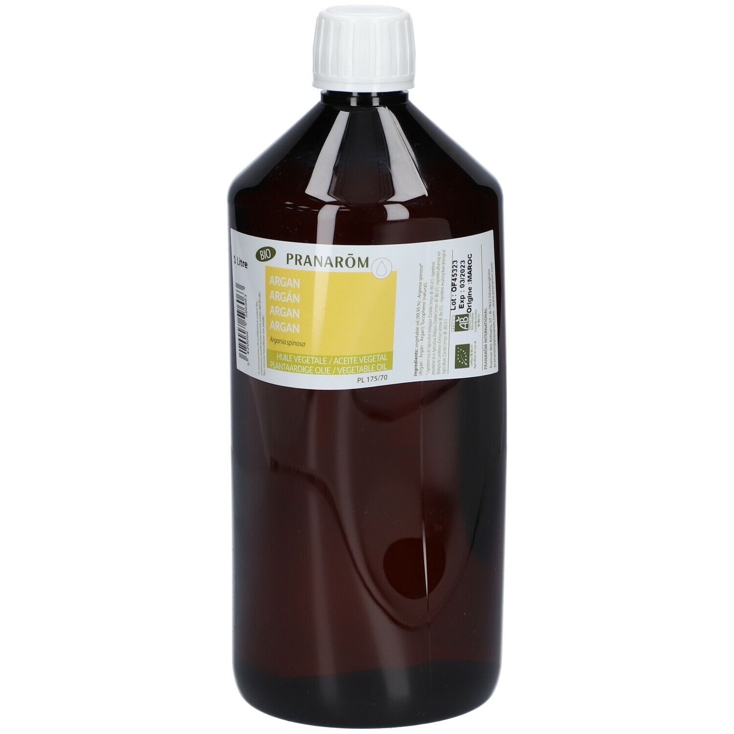 Flacon brun avec bouchon blanc. Étiquette avec nom du produit et label bio. 1 litre.