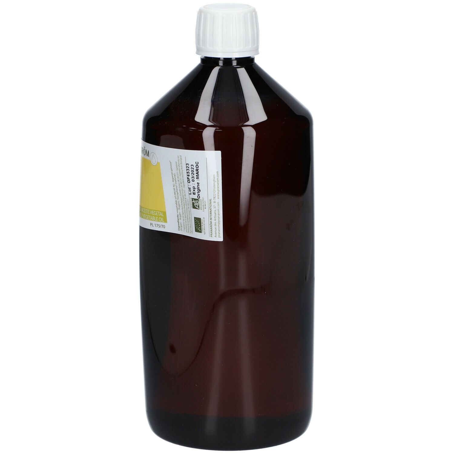 Flacon brun avec bouchon blanc. Étiquette avec nom du produit et label bio. 1 litre.
