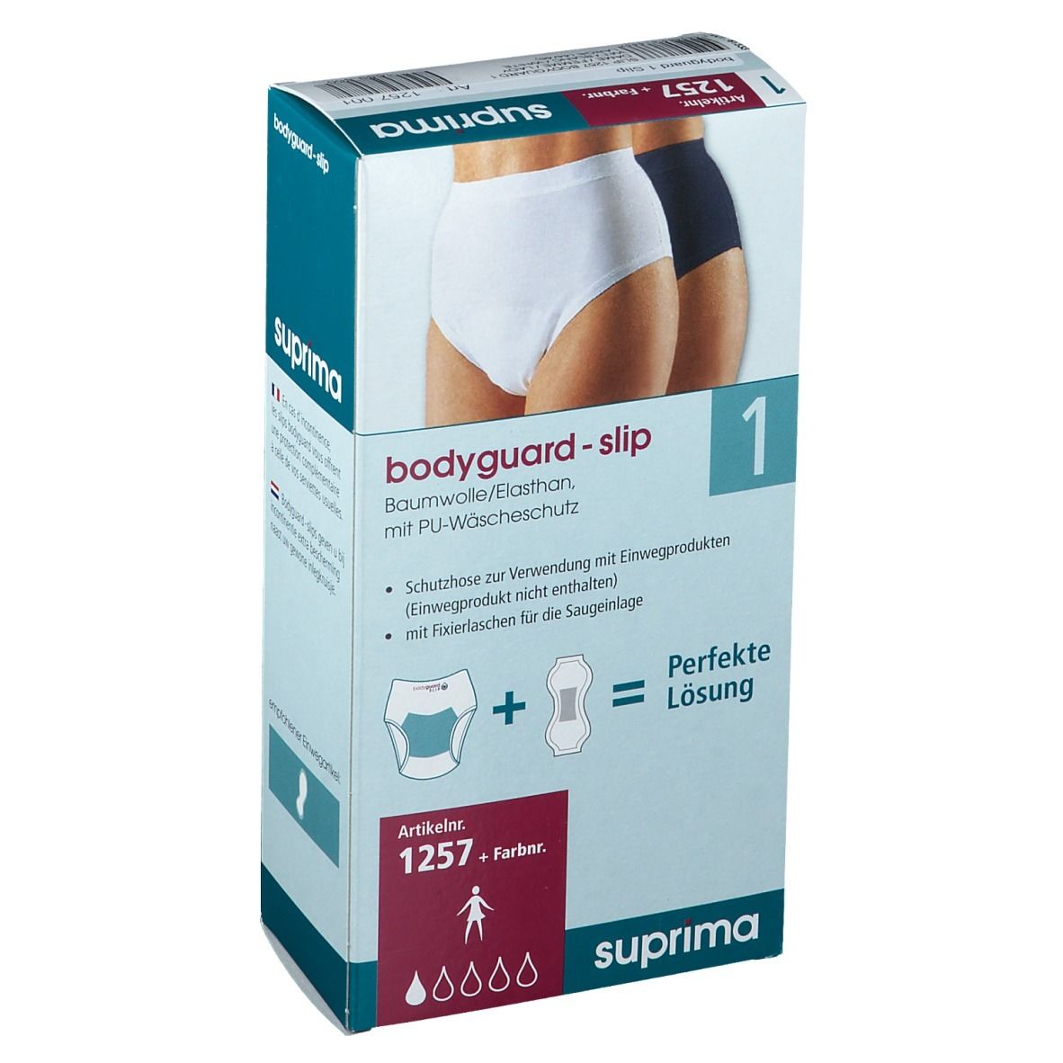 Emballage de Bodyguard-slip. Inscription : suprma, référence 1257. Image de slips.