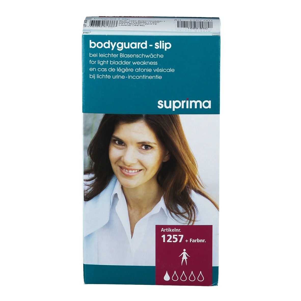 Emballage de Bodyguard-slip. Inscription : suprma, référence 1257. Image d'une femme.