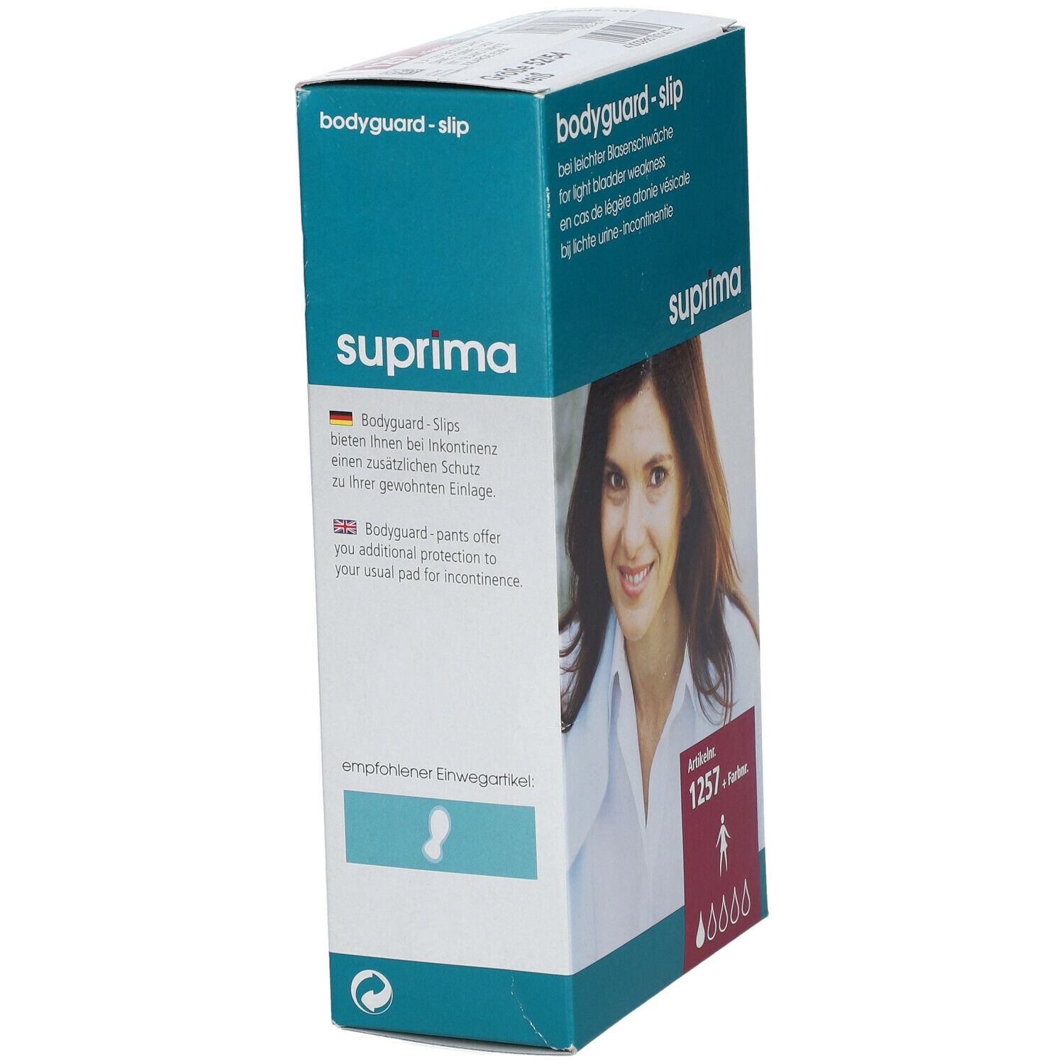 Emballage Bota Suprima 1257 Bodyguard Slip Dame 1 Blanc XL. Vue latérale. Texte : bodyguard-slip, suprima, numéro d'article.